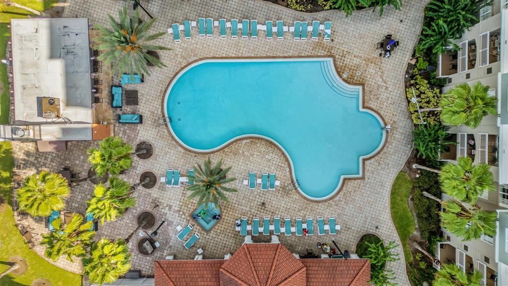 An aerial view of a resort-style swimming pool surrounded by lounge chairs and palm trees — 7395 UNIVERSAL BLVD UNIT 402, ORLANDO, FL