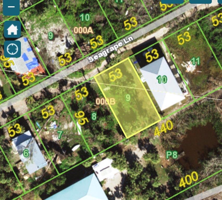 This is a satellite map showing residential property lots and streets in a coastal area — 8992 SEAGRAPE LANE, PLACIDA, FL