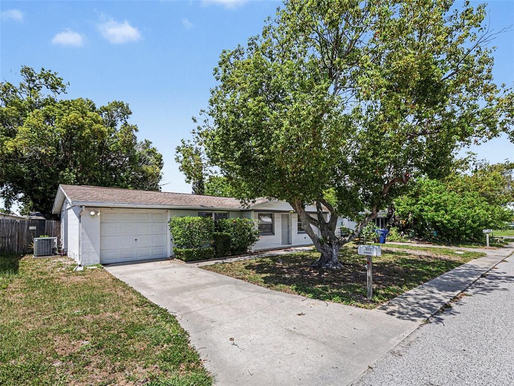 A single-story house with a white garage, a concrete driveway, and a large front tree — 3609 TRUMAN DRIVE, HOLIDAY, FL