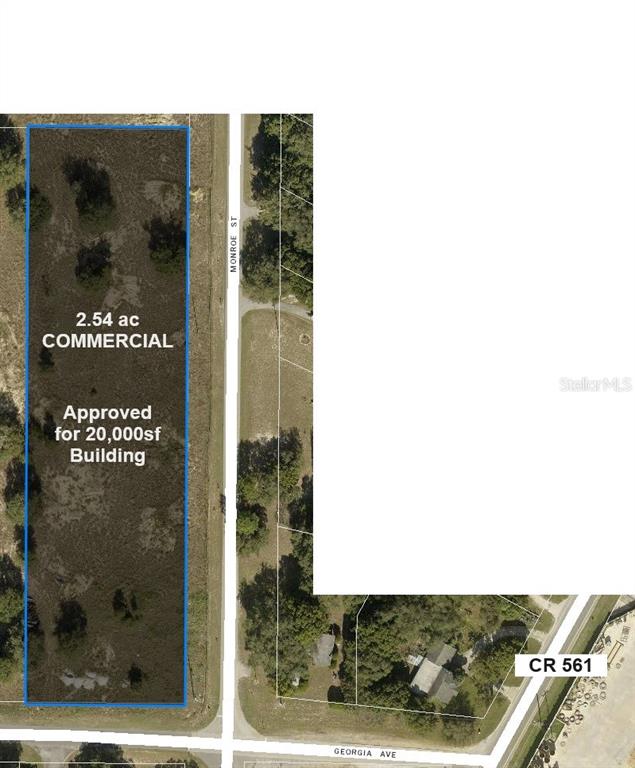 This aerial map shows a 2.54-acre commercial lot located near the intersection of Monroe Street and Georgia Avenue — TBD MONROE ST & GEORGIA AVE, ASTATULA, FL