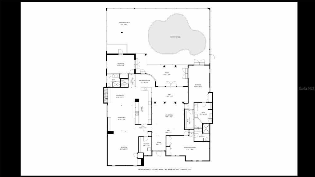 This is a floor plan of a single-story house featuring a swimming pool and screened porch — 4012 SUNRISE DRIVE, SEBRING, FL