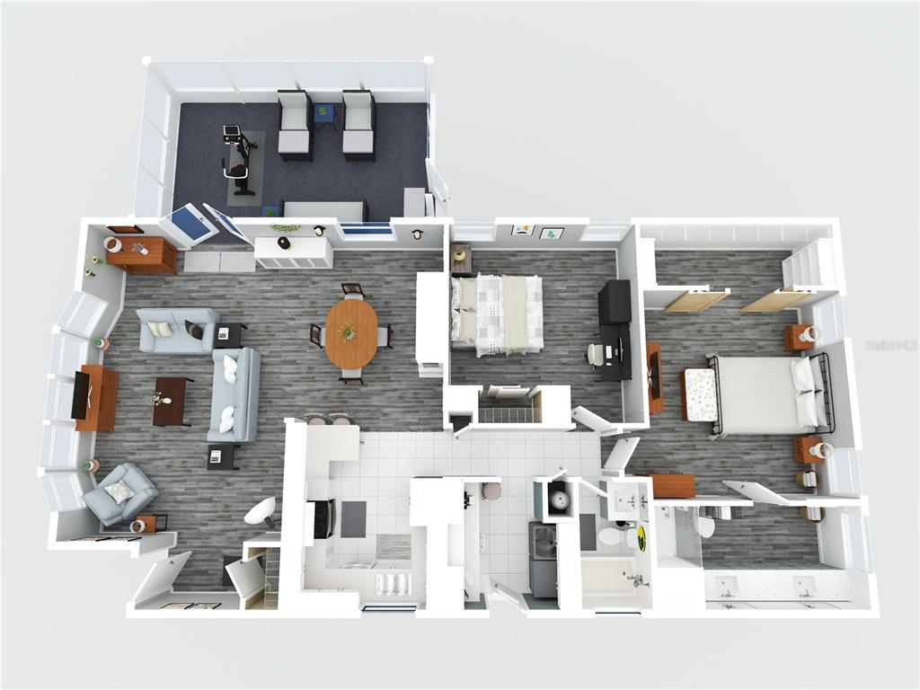 This is a 3D floor plan rendering of a residential unit with two bedrooms — 158 OSPREY CIRCLE, ELLENTON, FL