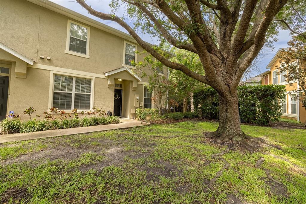 A two-story tan stucco townhouse exterior features a front walkway, a large tree, and landscaping — 6717 EAGLE FEATHER DRIVE, RIVERVIEW, FL
