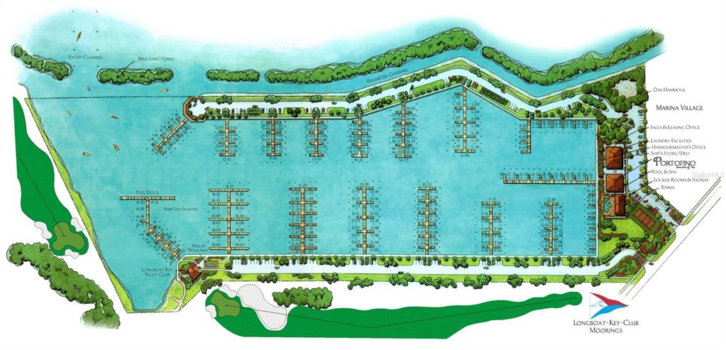 This is a site map rendering of the Longboat Key Club Moorings marina and facilities — 2600 HARBOURSIDE DRIVE UNIT I-12, LONGBOAT KEY, FL