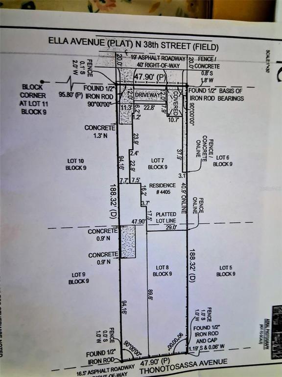 This is a survey map showing the property boundaries and building footprint for a residential lot — 4405 N 38TH STREET, TAMPA, FL