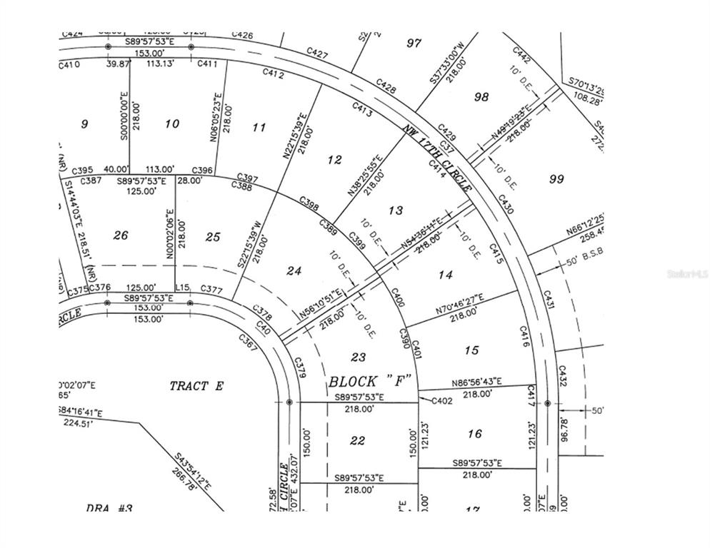 This image is a plat map showing property lot boundaries and dimensions for a residential subdivision — NW 17TH CIRCLE, OCALA, FL