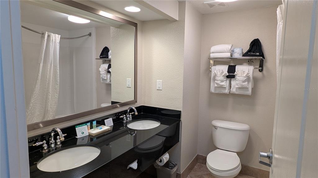 A bathroom features a double vanity with a black countertop and a separate toilet area — 3000 MAINGATE LANE UNIT 421, KISSIMMEE, FL