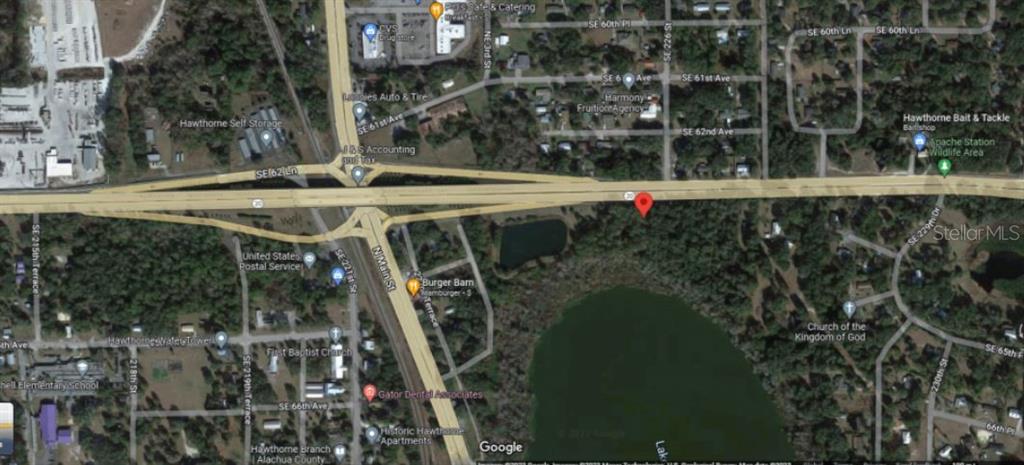 This is an aerial map view of a property location in Hawthorne, Florida — SE HAWTHORNE RD, HAWTHORNE, FL