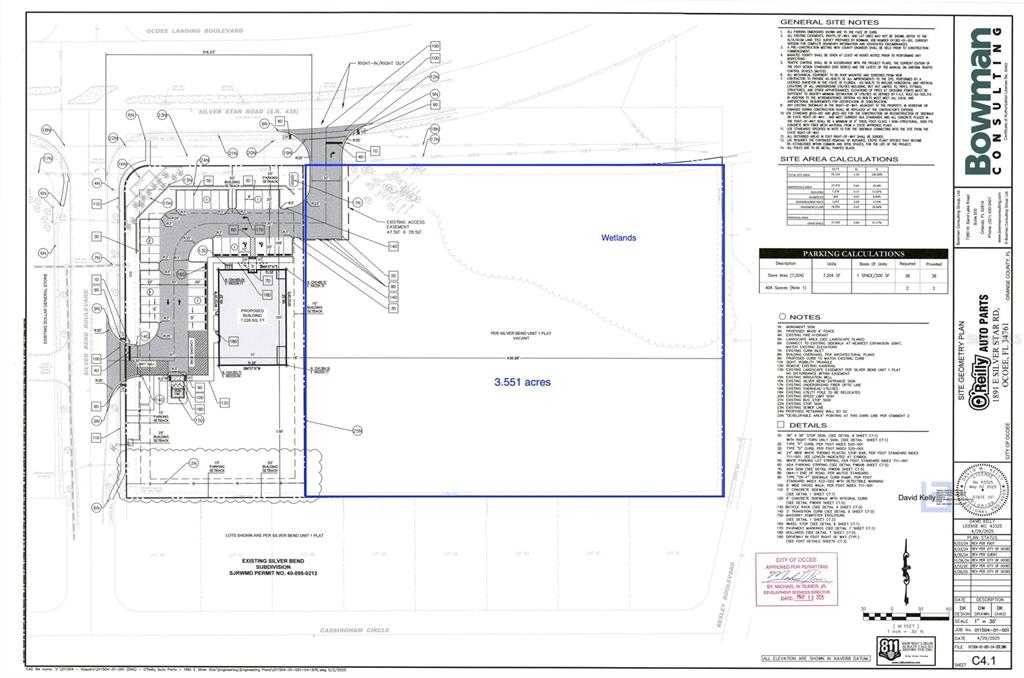 This is a site geometry plan for a proposed commercial development featuring a building and wetlands — E SILVER STAR ROAD, OCOEE, FL