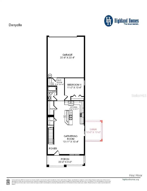 This is a floor plan for the first level of a Highland Homes Danyella model — 4007 WAVING HICKORY BOULEVARD, ST CLOUD, FL