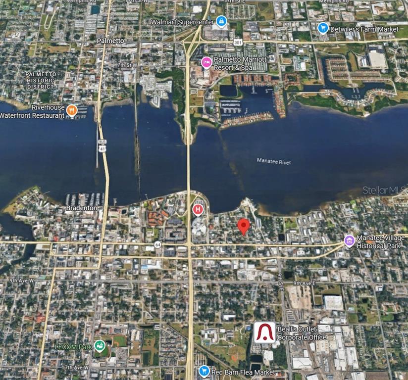 This is an aerial map view of the Manatee River area in Bradenton and Palmetto, Florida — 517 4TH AVENUE E, BRADENTON, FL