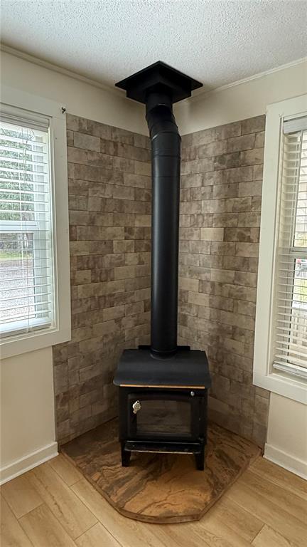 A black wood-burning stove sits on a stone hearth against a tiled corner wall — 1520 BADEN POWELL ROAD, HAWTHORNE, FL
