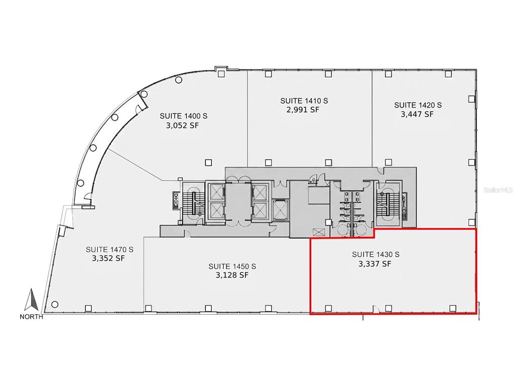 This is a floor plan showing the layout and square footage of several office suites — 189 S ORANGE AVENUE UNIT 1430, ORLANDO, FL