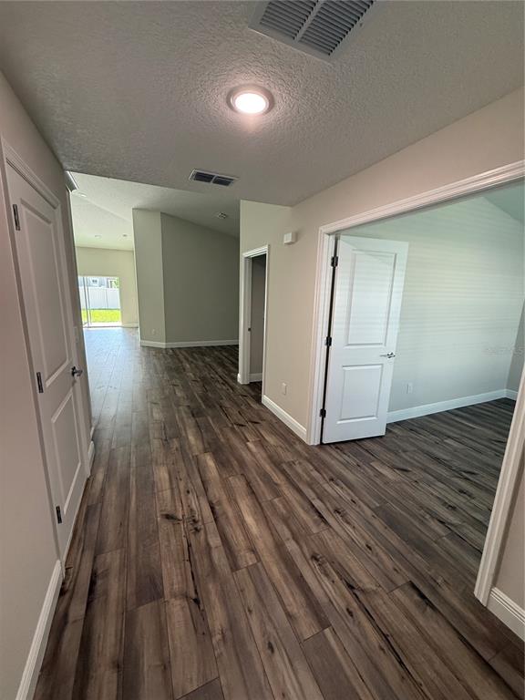 A hallway with wood-look flooring leads toward an open living area with a sliding glass door — 9924 ANNUNCIATION DRIVE, WESLEY CHAPEL, FL