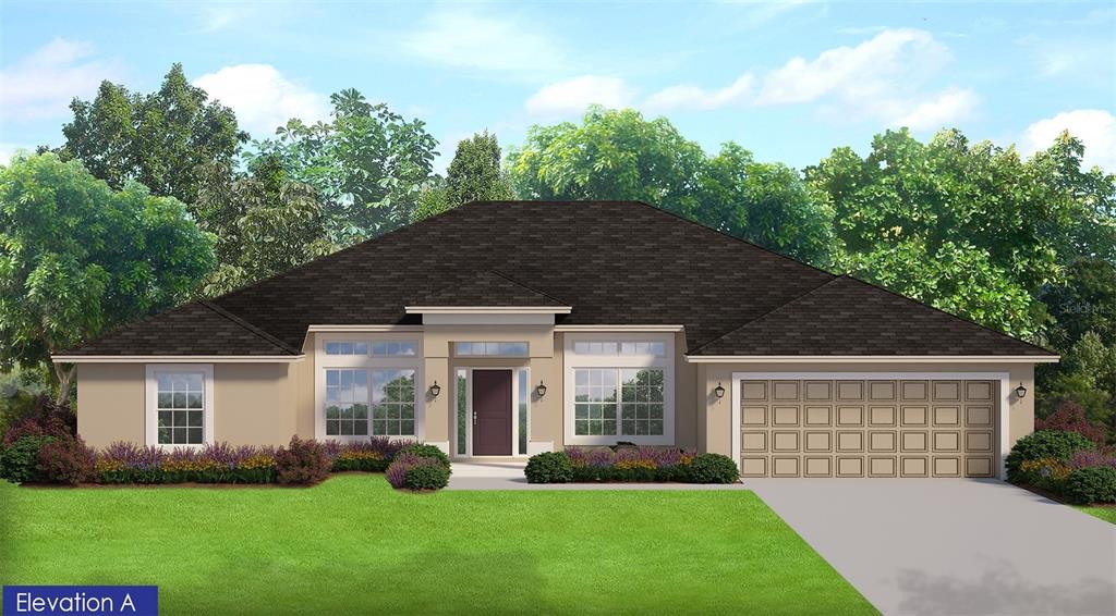 This floor plan shows a four-bedroom, two-bath home with a two-car garage and patio — 7 TEE VIEW ROAD, ROTONDA WEST, FL