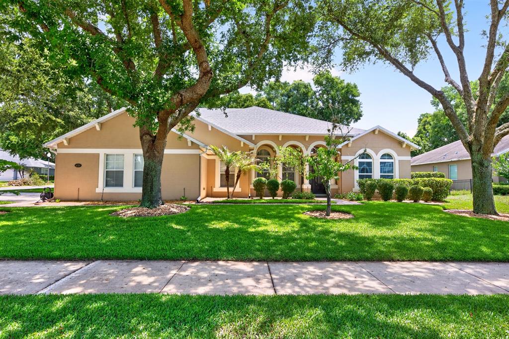 A dining room features a wooden table, blue patterned chairs, and a chandelier — 2425 PARKSIDE MEADOW DRIVE, APOPKA, FL