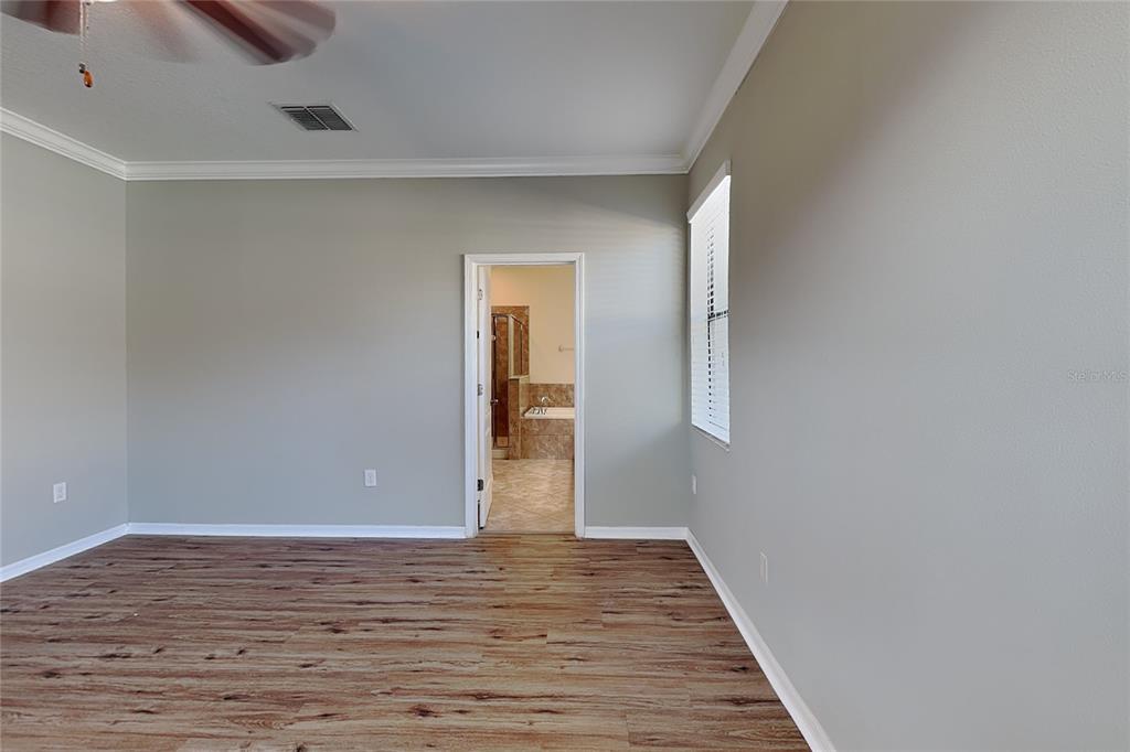 A bedroom with light gray walls, wood-look flooring, and a doorway leading to a bathroom — 11020 WHITTNEY CHASE DRIVE, RIVERVIEW, FL