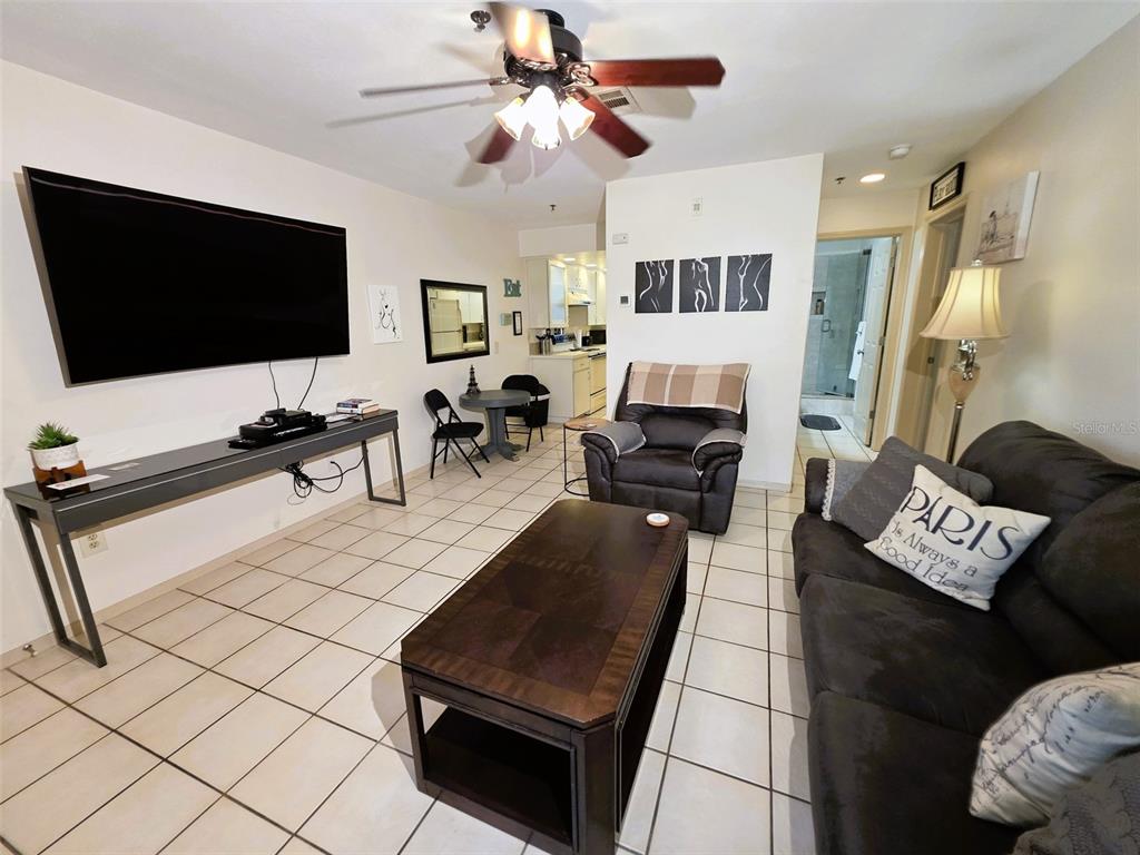 A living room features tile flooring, a dark sofa, a coffee table, and a television — 2210 VISTA DEL SOL CIRCLE UNIT 502, LUTZ, FL