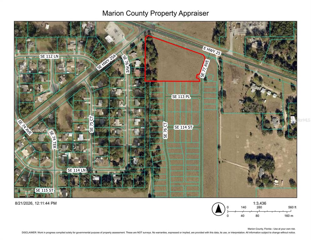 This is a property map showing a parcel of land outlined in red — EAST HWY 25, BELLEVIEW, FL