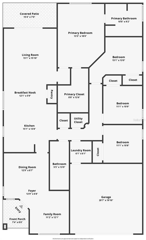 This floor plan shows a single-story home layout with a garage, four bedrooms, and living areas — 9850 HIDDEN DUNES LANE, ORLANDO, FL