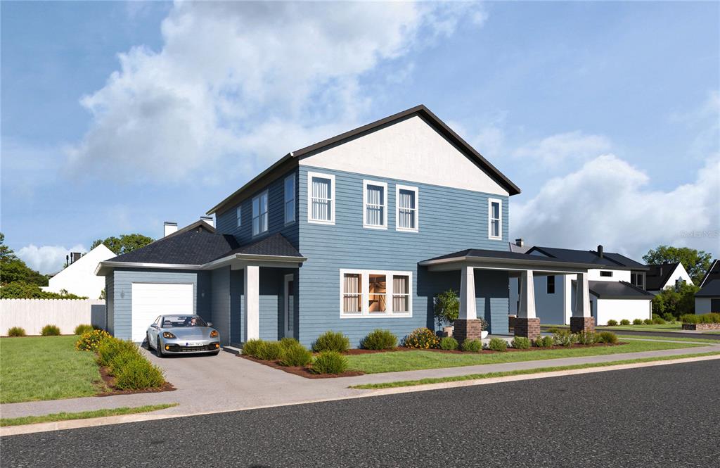 This is a digital rendering of a two-story blue house with a front-facing garage — 1019 E NORTH STREET, TAMPA, FL