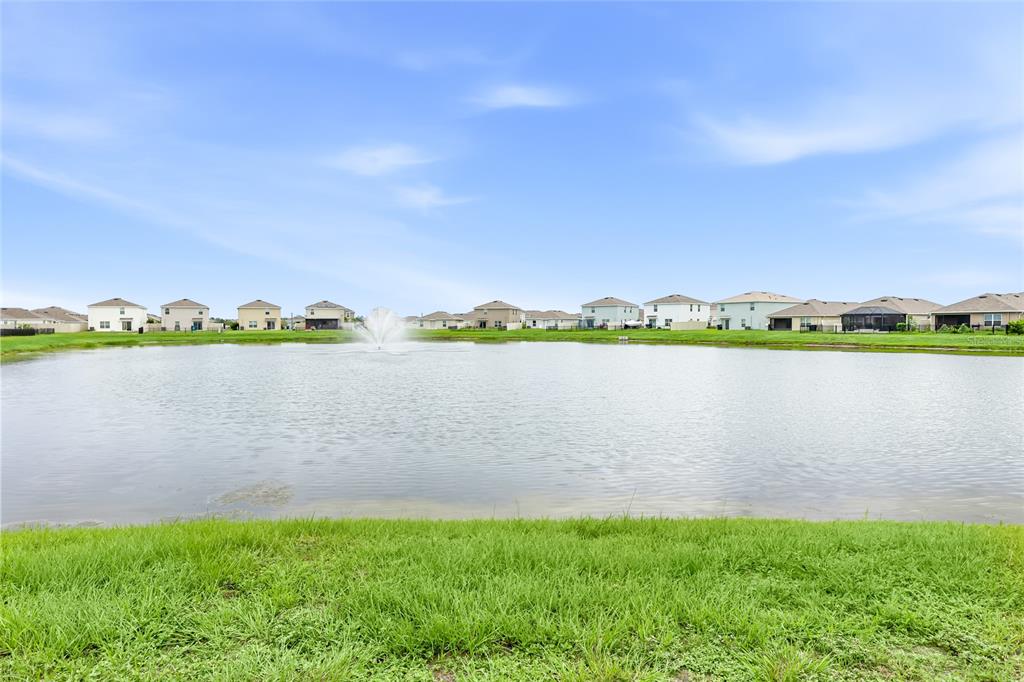 A grassy lawn overlooks a pond with a fountain and a row of suburban houses — 10116 CHARLOTTE DRIVE, PARRISH, FL