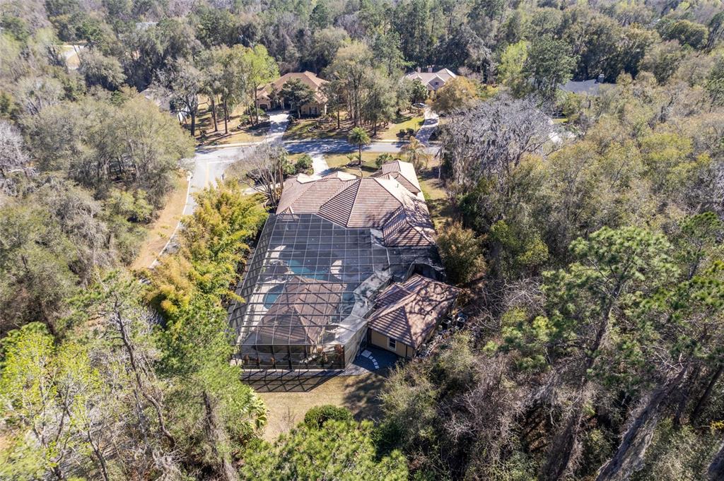 An aerial view shows a house with a screened-in pool enclosure surrounded by dense woods — 695 SE 47TH LOOP, OCALA, FL