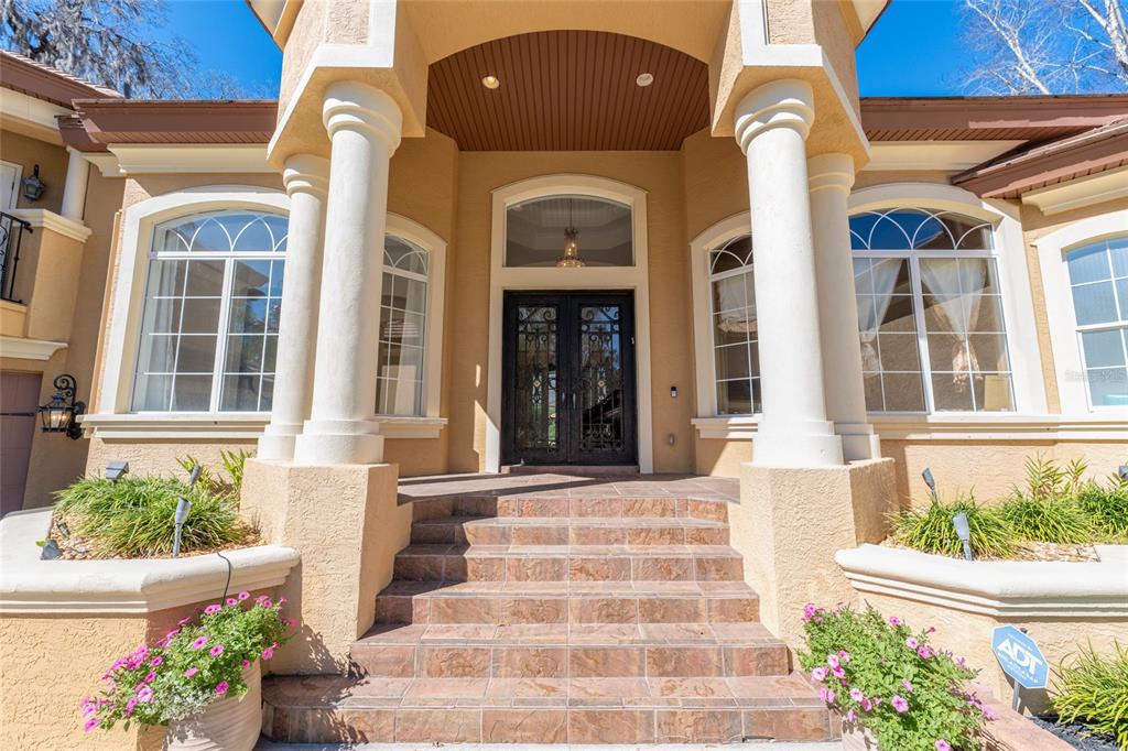 The front entrance of a house features a tiled staircase leading to double glass doors — 695 SE 47TH LOOP, OCALA, FL