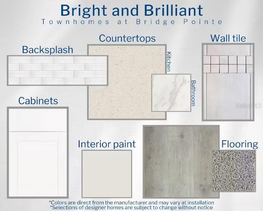 This design board displays material samples for townhome finishes, including countertops, tile, cabinets, and flooring — 394 CHESAPEAKE DRIVE, ST CLOUD, FL