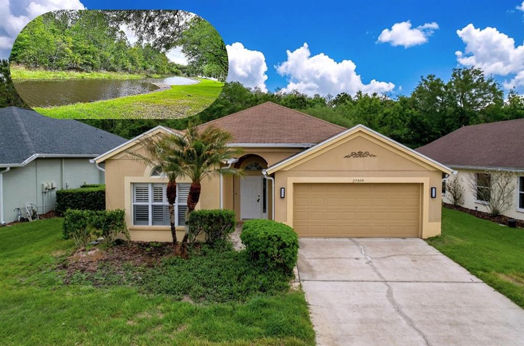This composite image shows a house exterior, a pond, a screened patio, and a splash pad — 27509 EDENFIELD DRIVE, WESLEY CHAPEL, FL