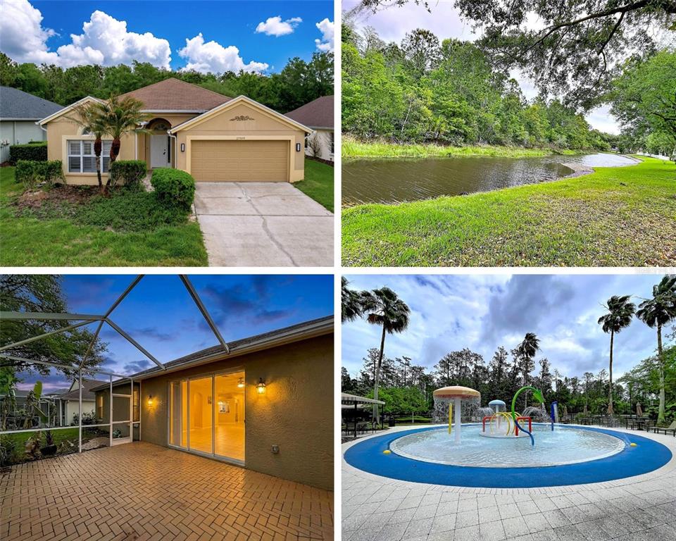 A single-story house with a tan stucco exterior, a two-car garage, and a palm tree — 27509 EDENFIELD DRIVE, WESLEY CHAPEL, FL