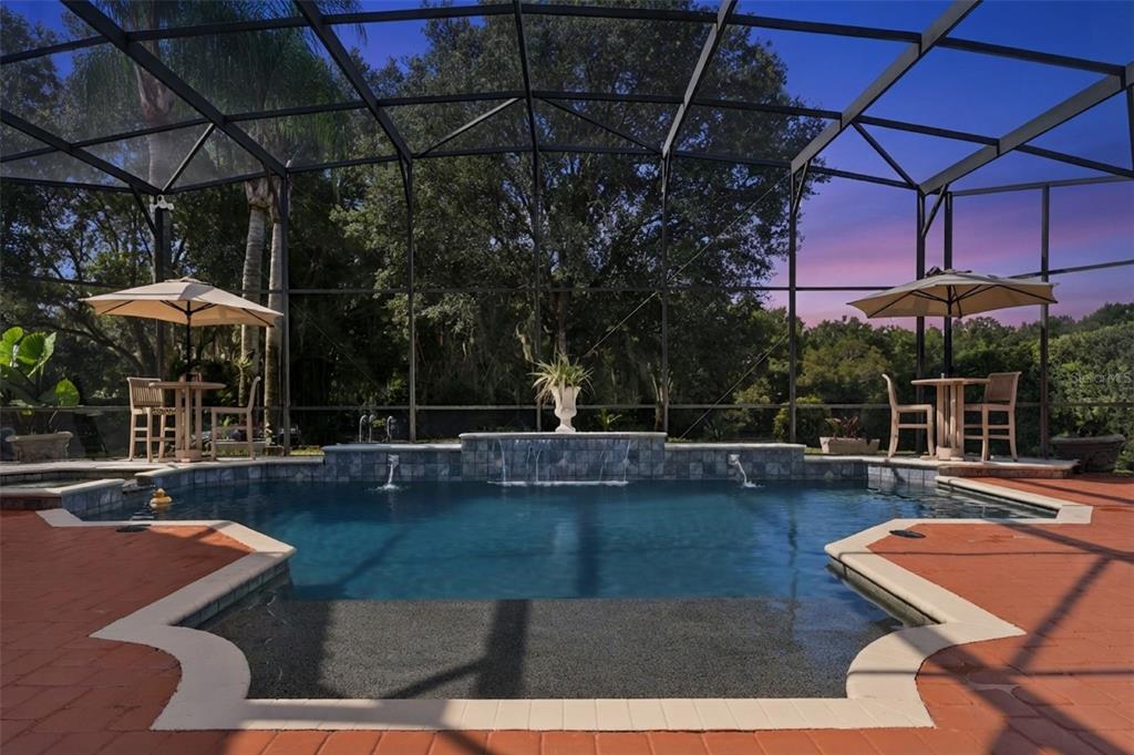 A swimming pool with a water feature inside a screened-in lanai with patio furniture — 1516 SUNSET POINTE PLACE, KISSIMMEE, FL