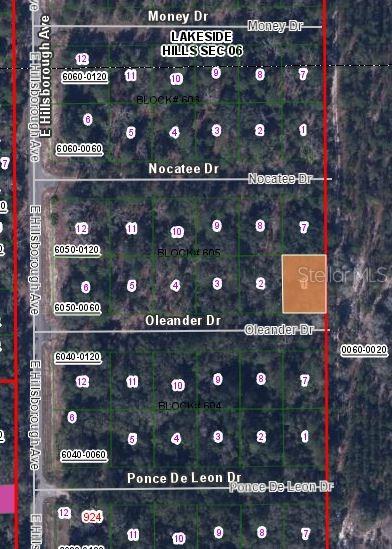 This is a map showing a highlighted land parcel within a residential subdivision — 110 OLEANDER DRIVE, FLORAHOME, FL