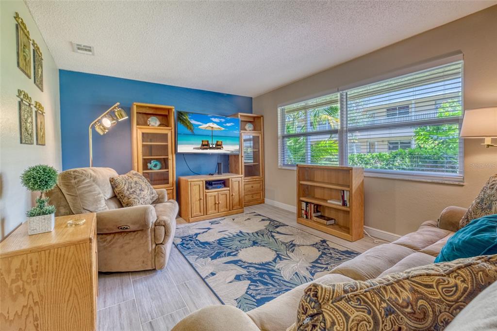 A living room features a blue accent wall, wood furniture, a patterned rug, and windows — 10039 62ND AVENUE N UNIT 2, ST PETERSBURG, FL