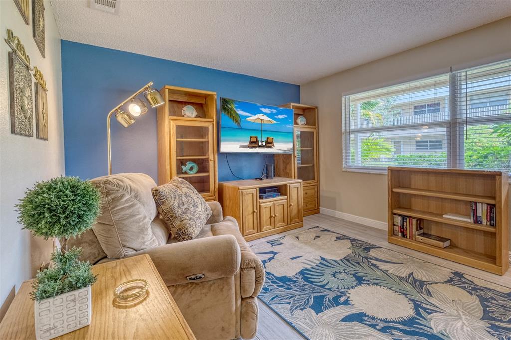 A living room features a blue accent wall, wooden shelving, a recliner, and a patterned rug — 10039 62ND AVENUE N UNIT 2, ST PETERSBURG, FL