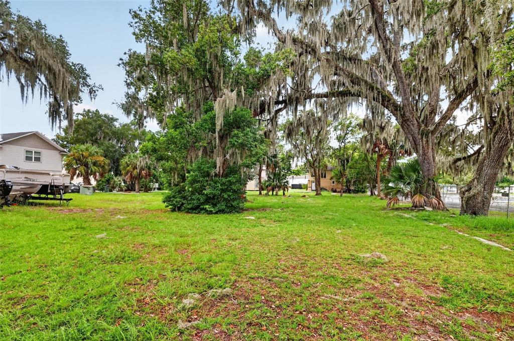 A grassy lot features large, moss-draped oak trees and a boat parked on a trailer — 703 W MAGNOLIA STREET, LEESBURG, FL