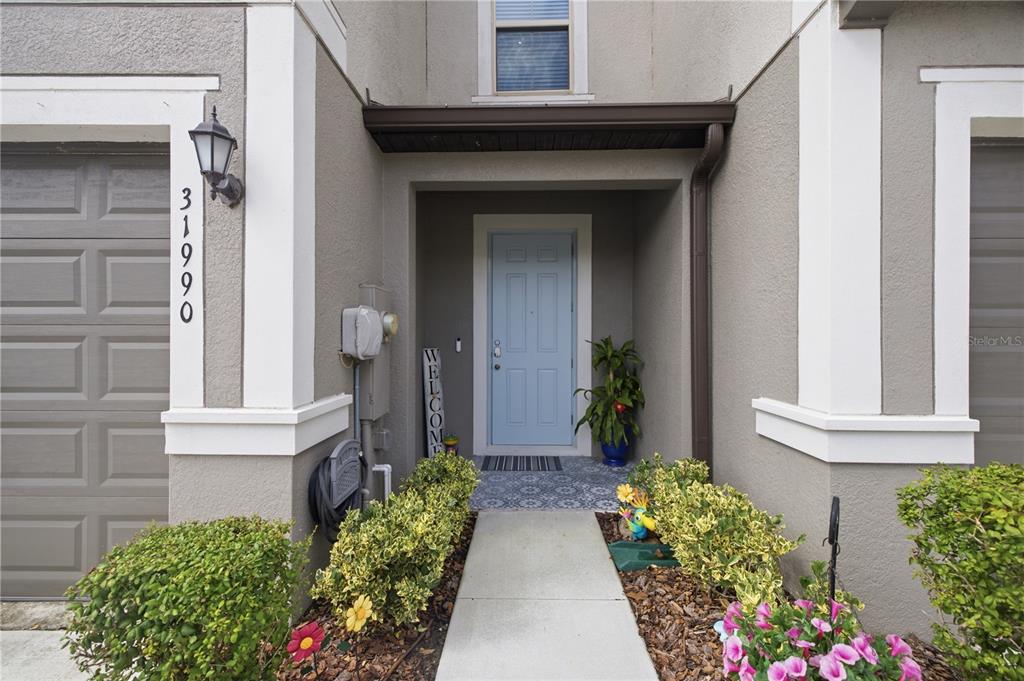 The exterior of a home features a light blue front door and a concrete walkway — 31990 BLUE PASSING, WESLEY CHAPEL, FL