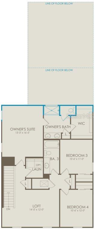 This floor plan shows the upper level of a house with three bedrooms, a loft, and laundry — 10764 LEAFY LAUREL STREET, ORLANDO, FL