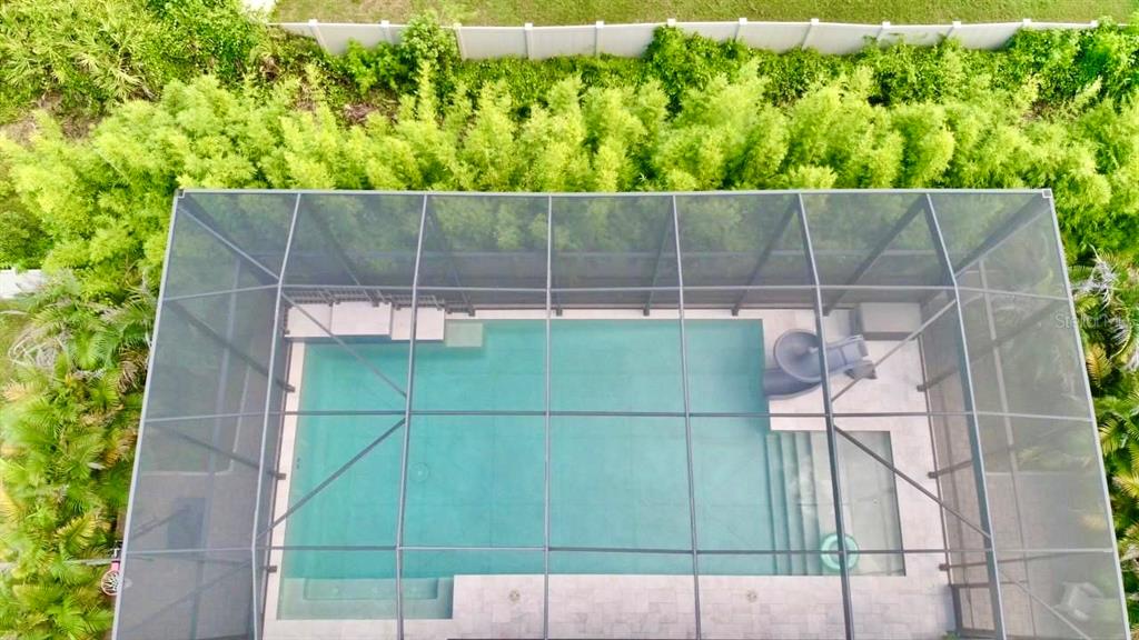 An aerial view shows a rectangular swimming pool enclosed by a dark metal screen cage — 19825 CYPRESS BRIDGE DRIVE, ODESSA, FL
