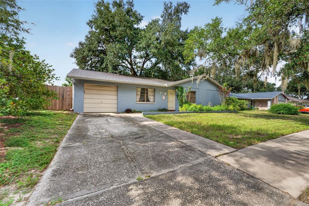 A single-story blue house with a garage and a concrete driveway under large trees — 1917 CEDARBROOKE DRIVE, LUTZ, FL