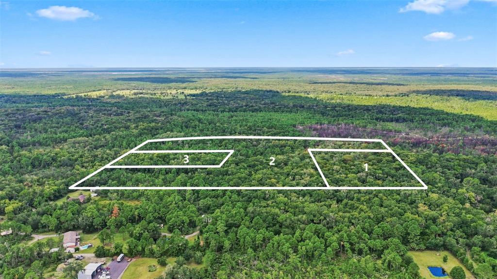 An aerial view shows three outlined plots of land surrounded by dense forest — UNKNOWN, MIMS, FL