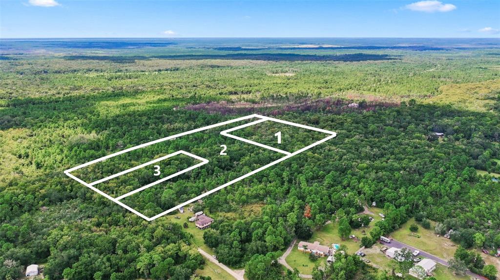 An aerial view shows three adjacent rectangular plots of land outlined in white amidst forest — UNKNOWN, MIMS, FL