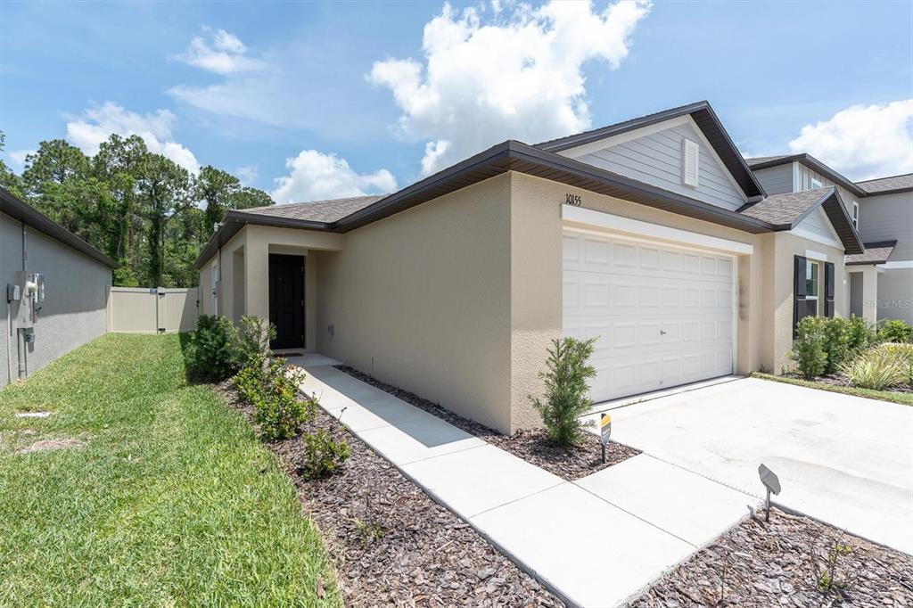 A beige single-story house features a white garage door, a concrete walkway, and a dark door — 10155 GENTLE RAIN DRIVE, LAND O LAKES, FL
