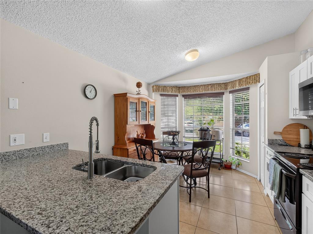 A kitchen with granite countertops, a double sink, and a dining area with bay windows — 10225 CODY LANE, ORLANDO, FL
