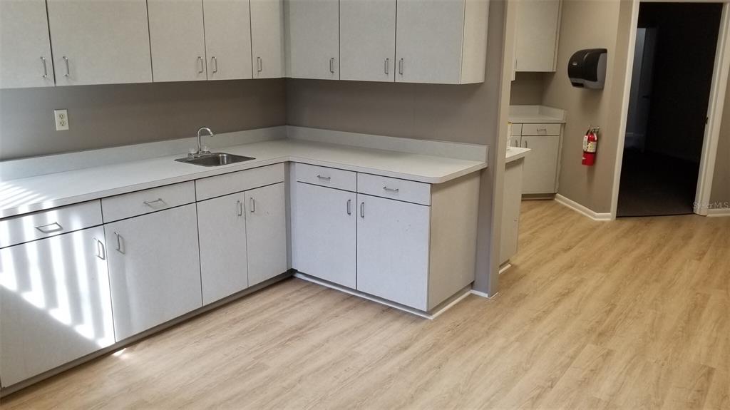 A kitchen area features light gray cabinets, white countertops, a sink, and light wood flooring — 1034 NW 57TH STREET, GAINESVILLE, FL