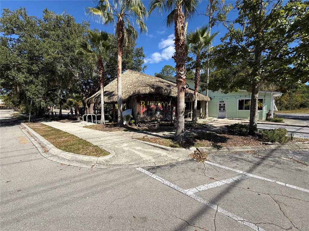 An exterior view of a tiki-style bar and grill with palm trees and a parking lot — 1034 NW 57TH STREET, GAINESVILLE, FL
