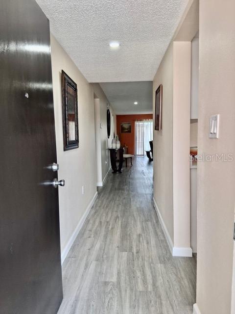 A hallway with light wood-look flooring leads from a dark door toward a living area — 4145 HERON WAY UNIT E-208, BRADENTON, FL