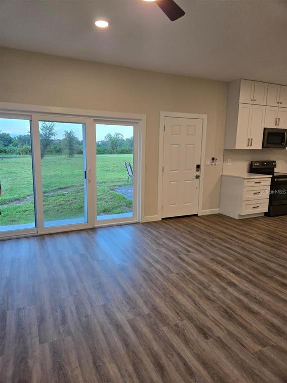 A room with wood-look flooring, white cabinets, a sliding glass door, and an exterior view — 1019 OAK BLUFF DRIVE, DAVENPORT, FL
