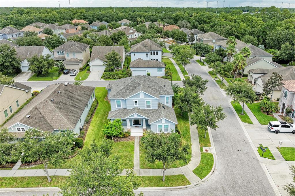 An aerial view shows a two-story blue house with a gray roof in a neighborhood — 20126 OUTPOST POINT DRIVE, TAMPA, FL