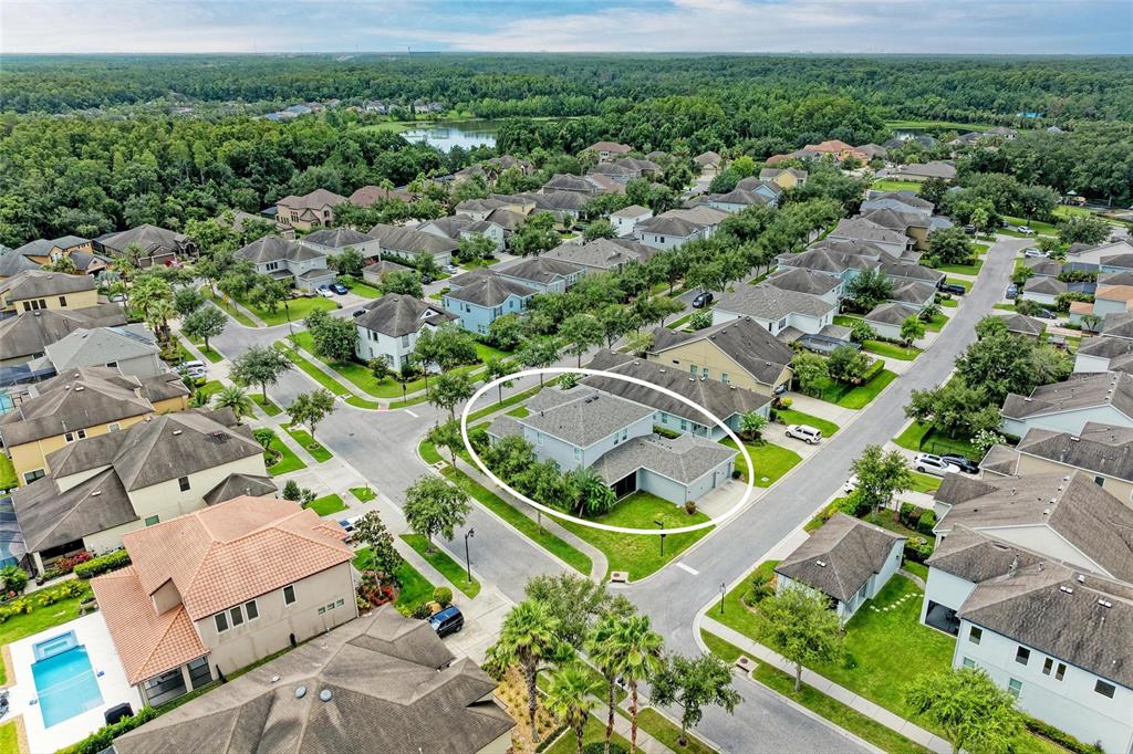 An aerial view shows a light-colored suburban house circled in a residential neighborhood — 20126 OUTPOST POINT DRIVE, TAMPA, FL